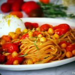 Burst sweet cherry tomato pasta; with burrata, crispy rosemary and  chickpeas - PassionSpoon