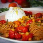 Burst sweet cherry tomato pasta; with burrata, crispy rosemary and  chickpeas - PassionSpoon
