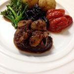 Roast beef fillet in mushroom garlic black bean soy chili oil, potatoes,  cherries, prune with broccolini – helenscchin's Blog