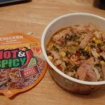 Nissin hot and spicy chicken with added chicken.: ramen