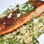 Spring Vegetable Cauliflower Risotto with Pan-Seared Salmon -