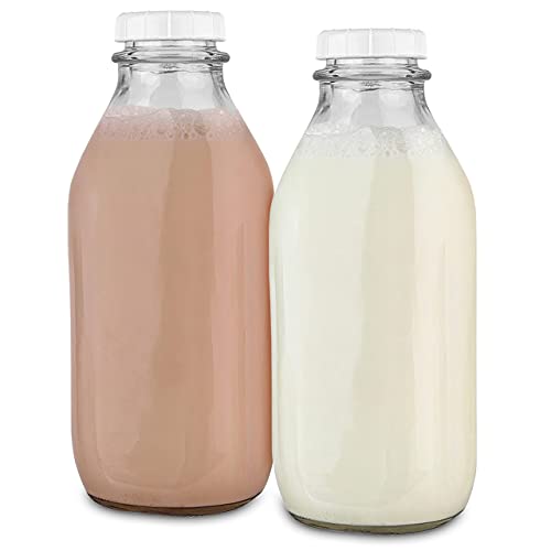 Stock Your Home 32-Oz Glass Milk Bottles (2 Pack) – Milk Jars with L ...
