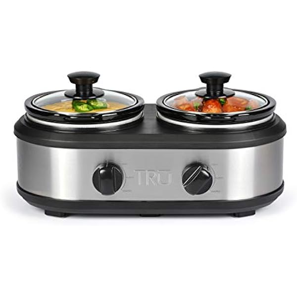 TRU Double Slow Cooker by Select Brands - Double Buffet Server for Parties, Holidays & Gatherings - 2 Inserts Each 1 1/4 Quarts